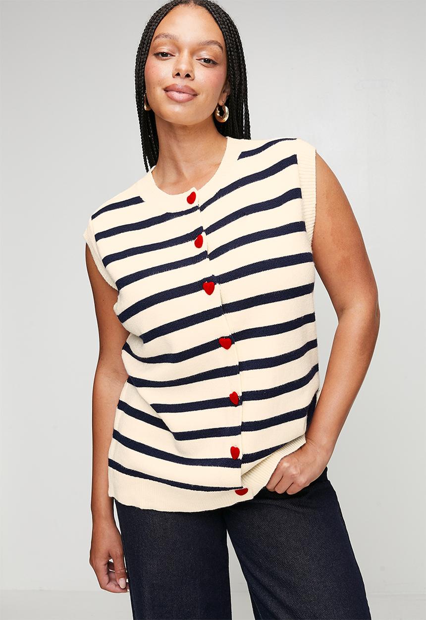 Me&B - Plus Knitwear Vest with Heart Buttons - Navy Stripe