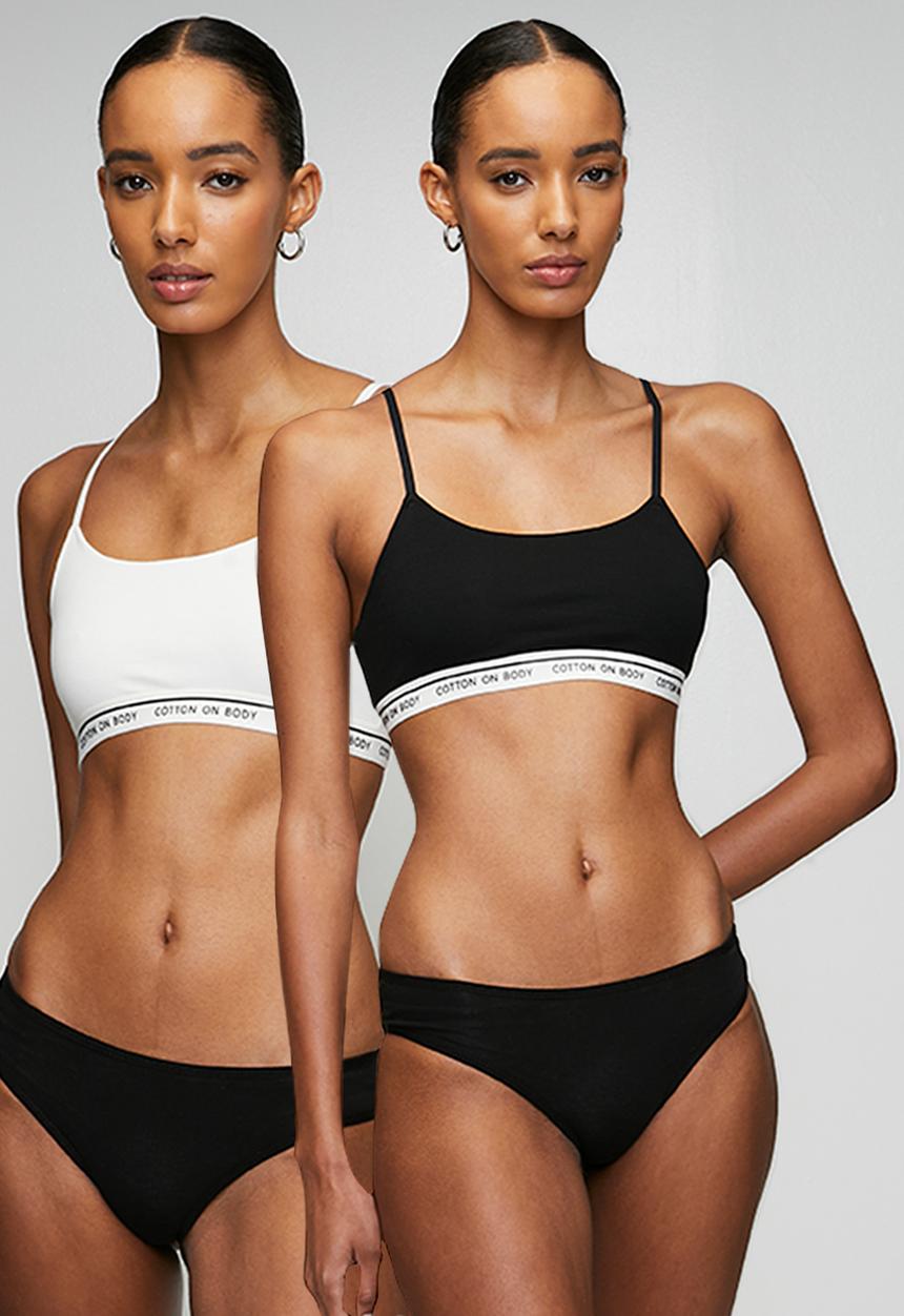 Cotton On - Branded Cotton Scoop Bralette 2 Pack - Black/White