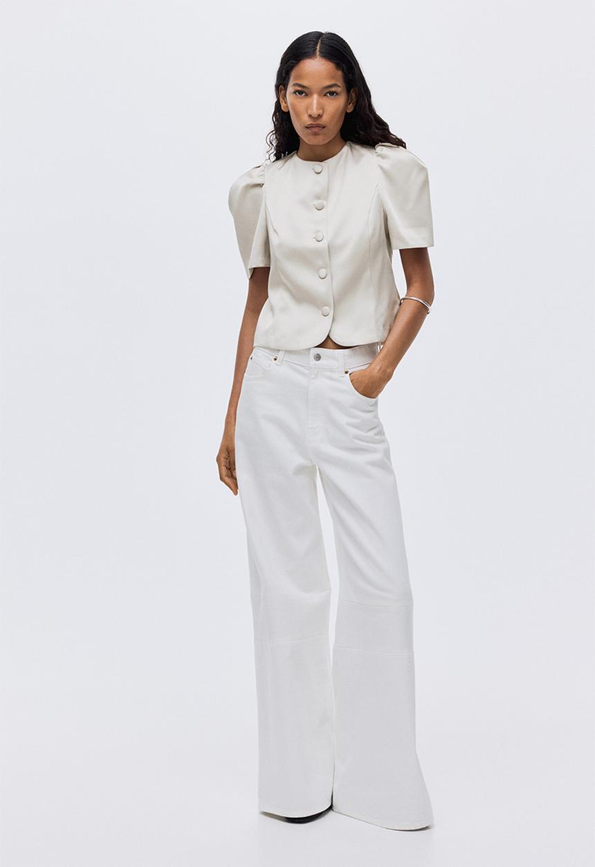 H&M - Puff-sleeved blouse - light greige