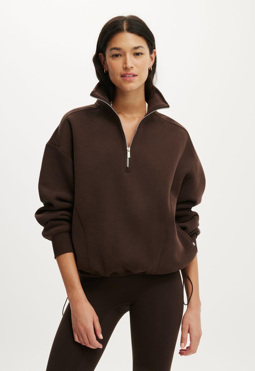 Cotton On - Plush Half Zip Sweatshirt - French Roast