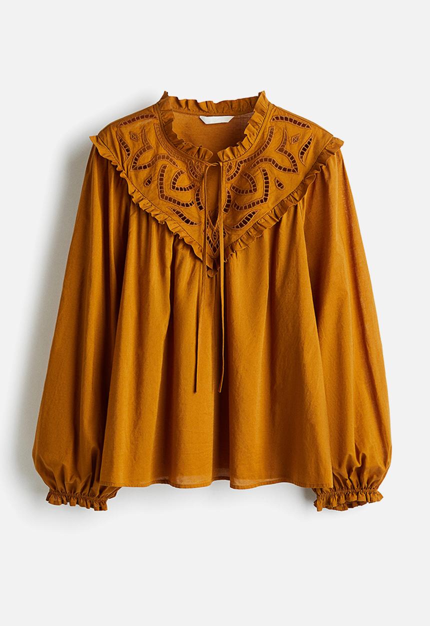 H&M - Broderie anglaise-detail blouse - mustard yellow 