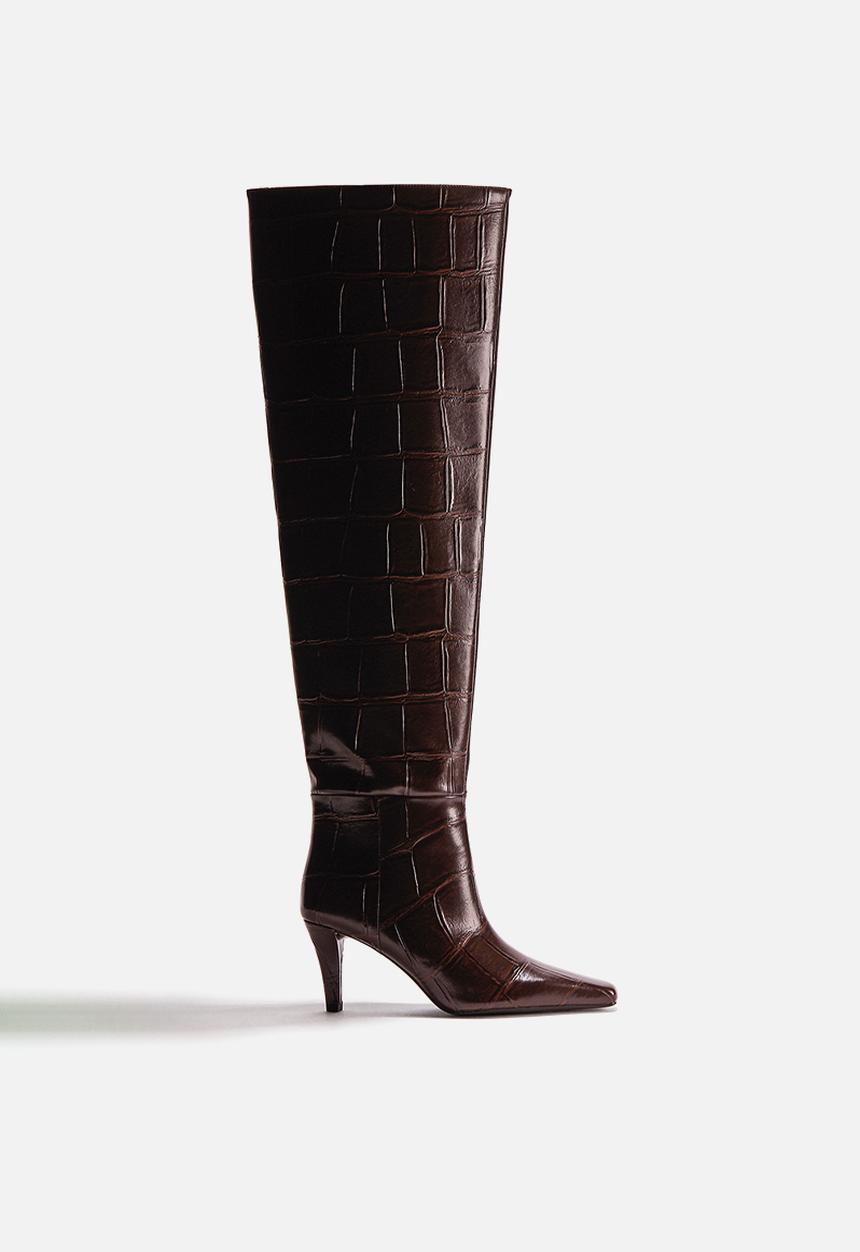 H&M - Over-the-knee boots - dark brown crocodile pattern
