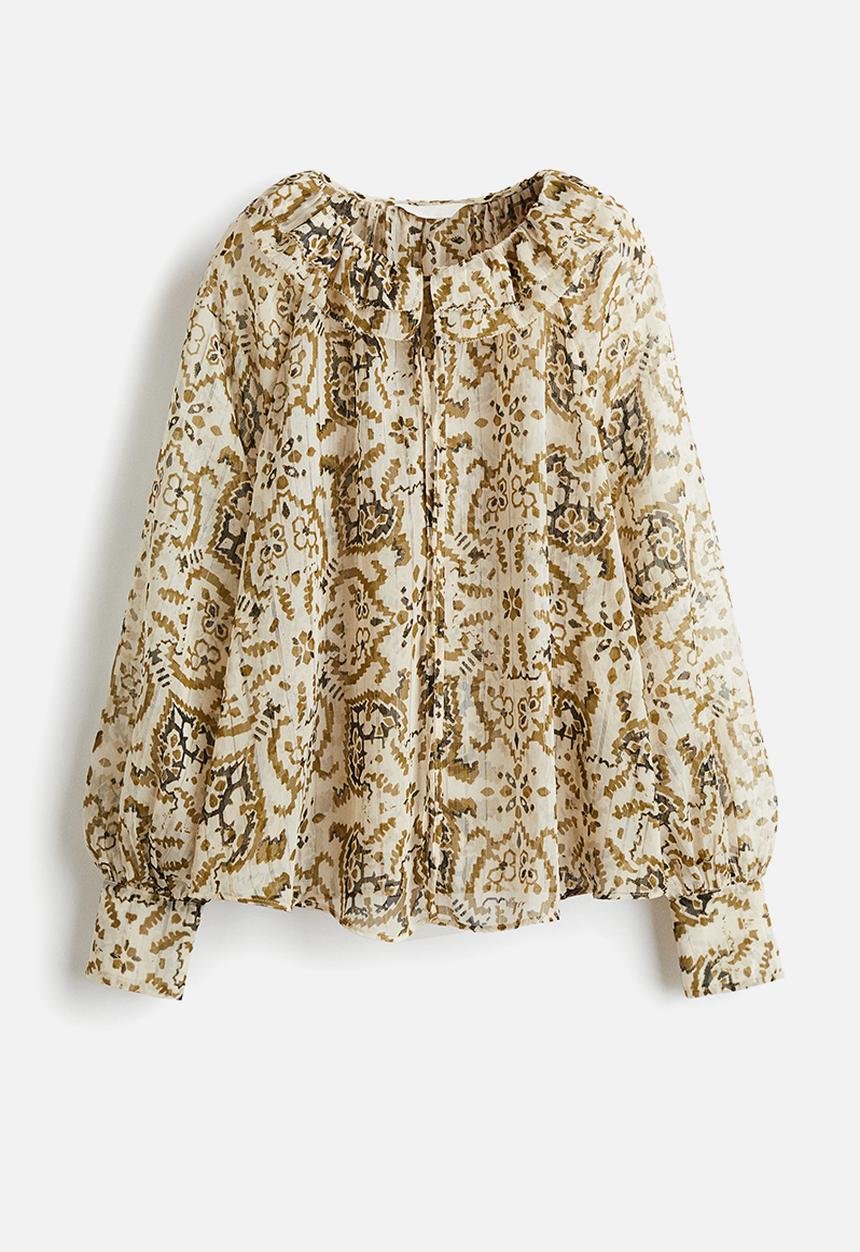 H&M - Frilled-collar blouse - light beige patterned 