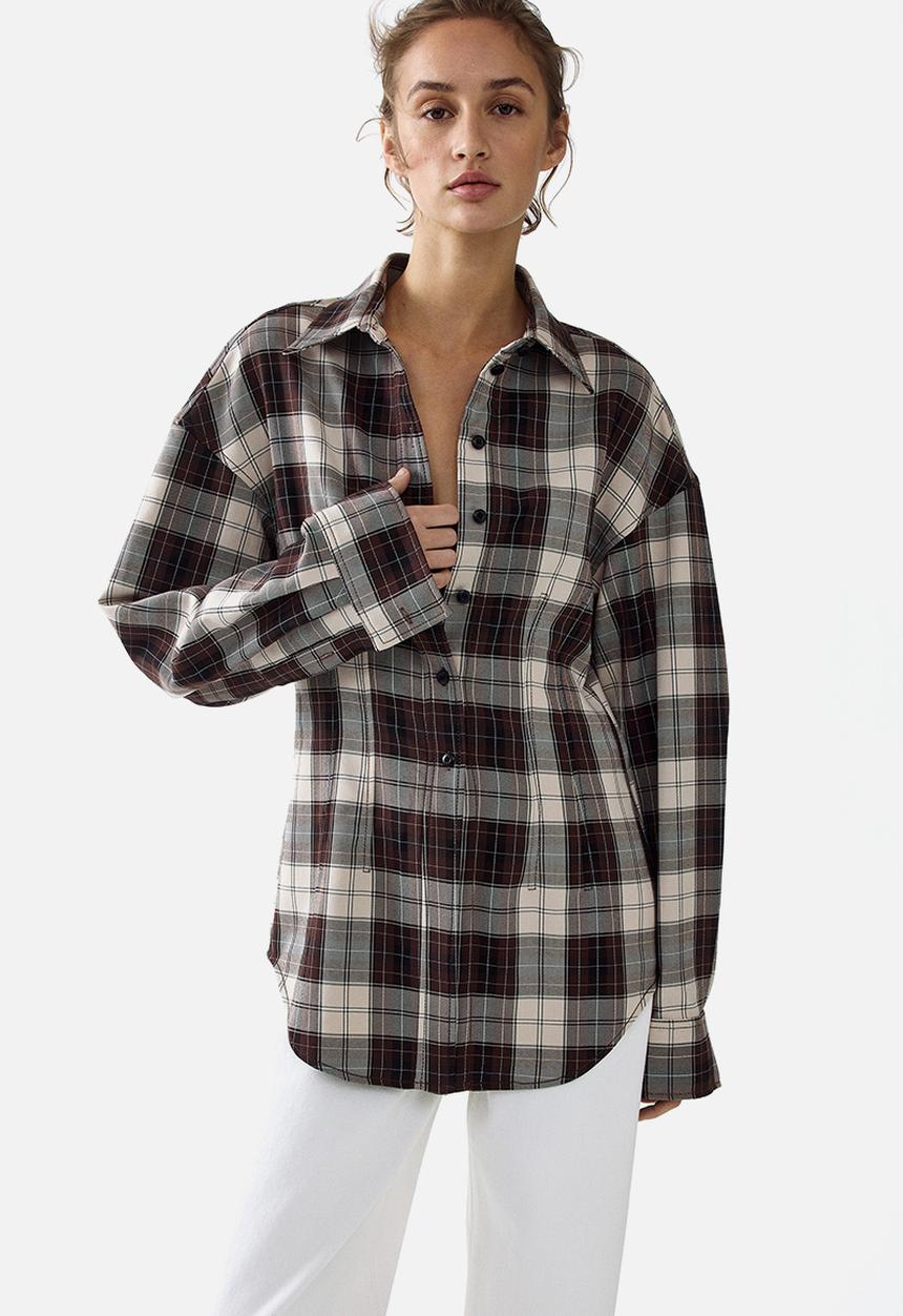 H&M - Waisted twill shirt - dark brown checked