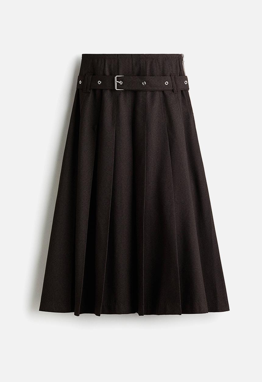 H&M - Belted pleated skirt - dark brown 
