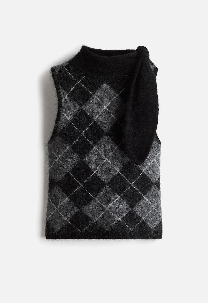 H&M - Mohair-blend scarf-collar top - grey argyle pattern