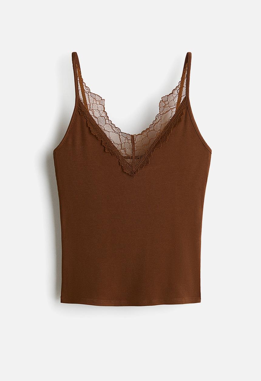 Lace-trimmed strappy top - brown - 1308777002