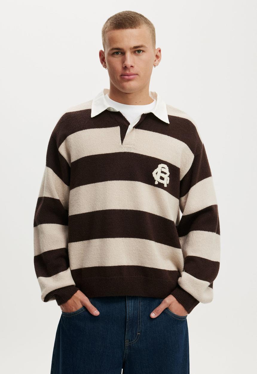 Cotton On - Boxy Rugby Polo - Mocha Bold Stripe