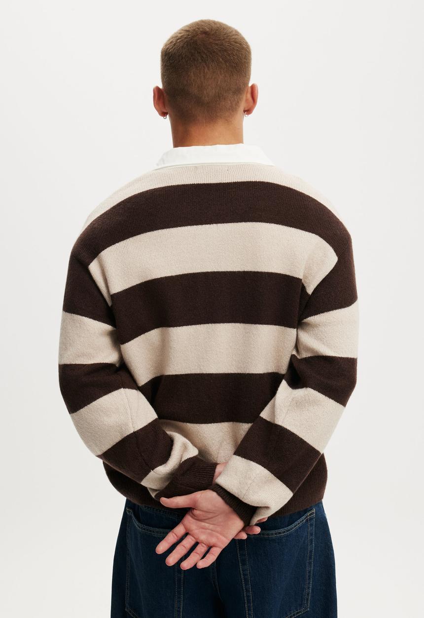 Cotton On - Boxy Rugby Polo - Mocha Bold Stripe
