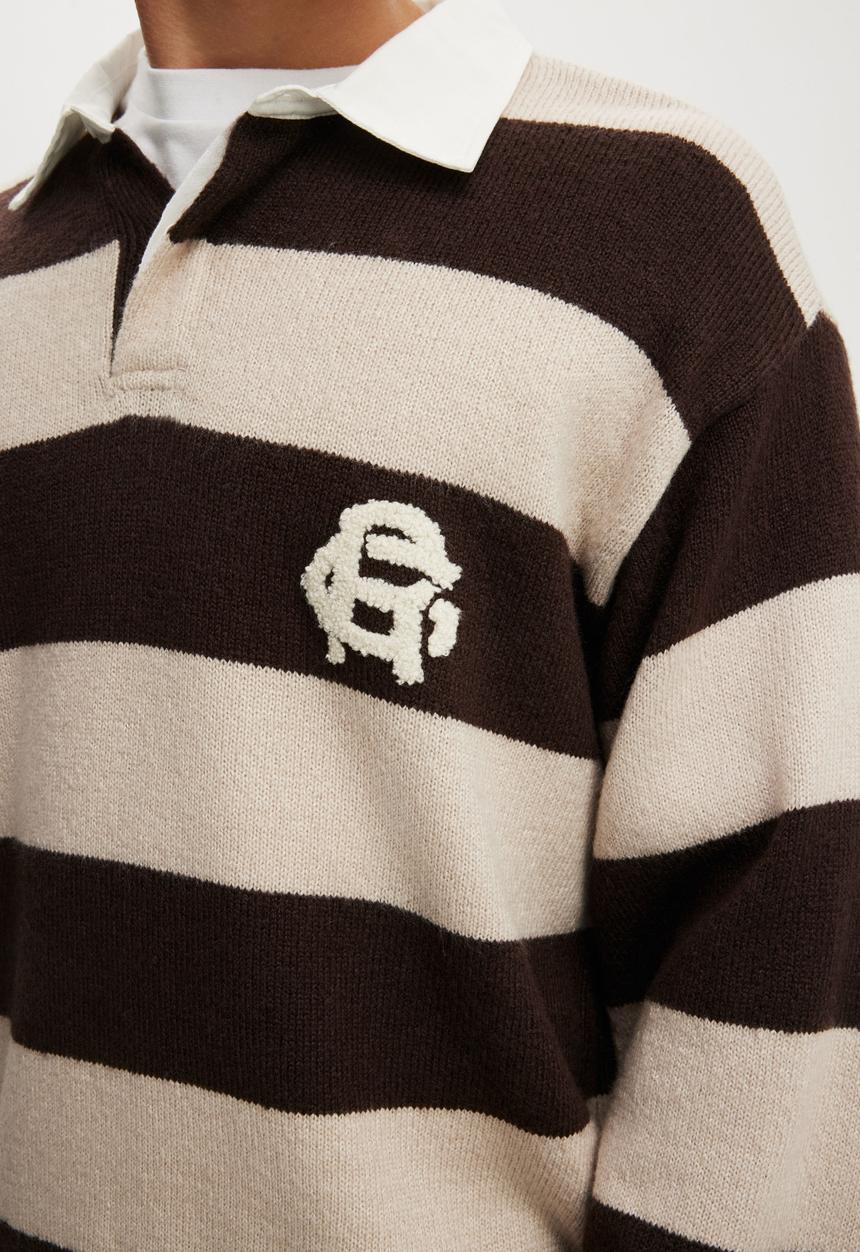 Cotton On - Boxy Rugby Polo - Mocha Bold Stripe