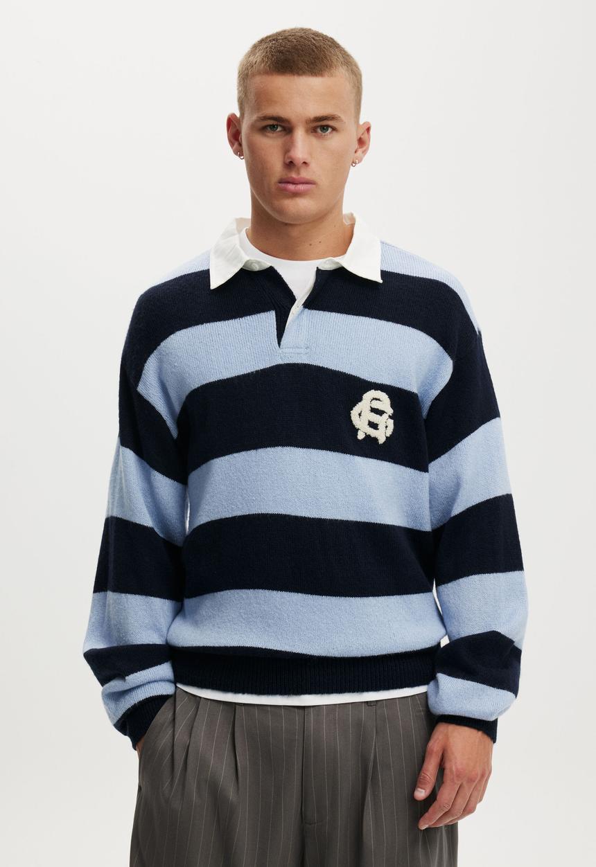 Cotton On - Boxy Rugby Polo - Navy Bold Stripe