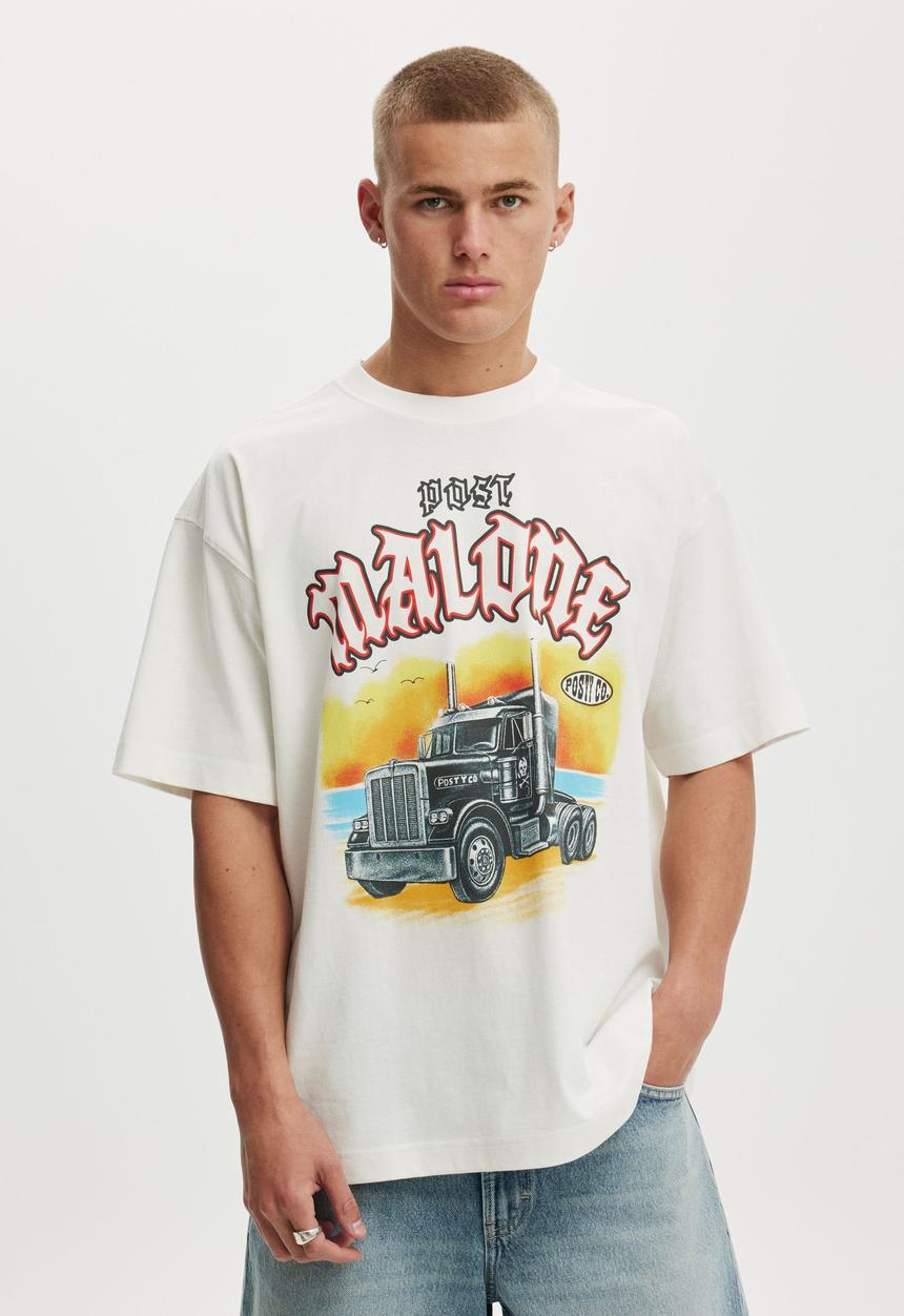 Cotton On - Box Fit Premium Music T-Shirt - Lcn Bra Vintage White/Post Malone - Truck