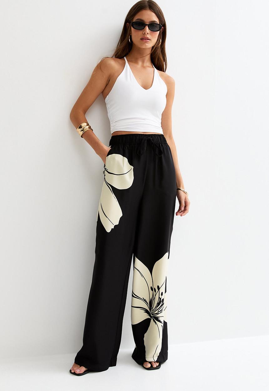 New Look - St lily large floral goya wide leg trousers - black