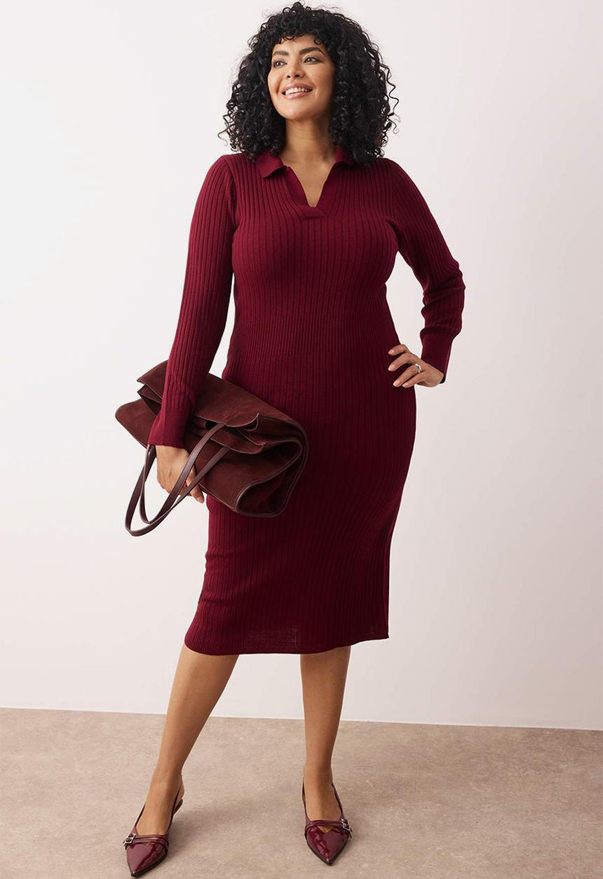 Trendyol - Polo Neck Ribbed Knitwear Dress - Plum