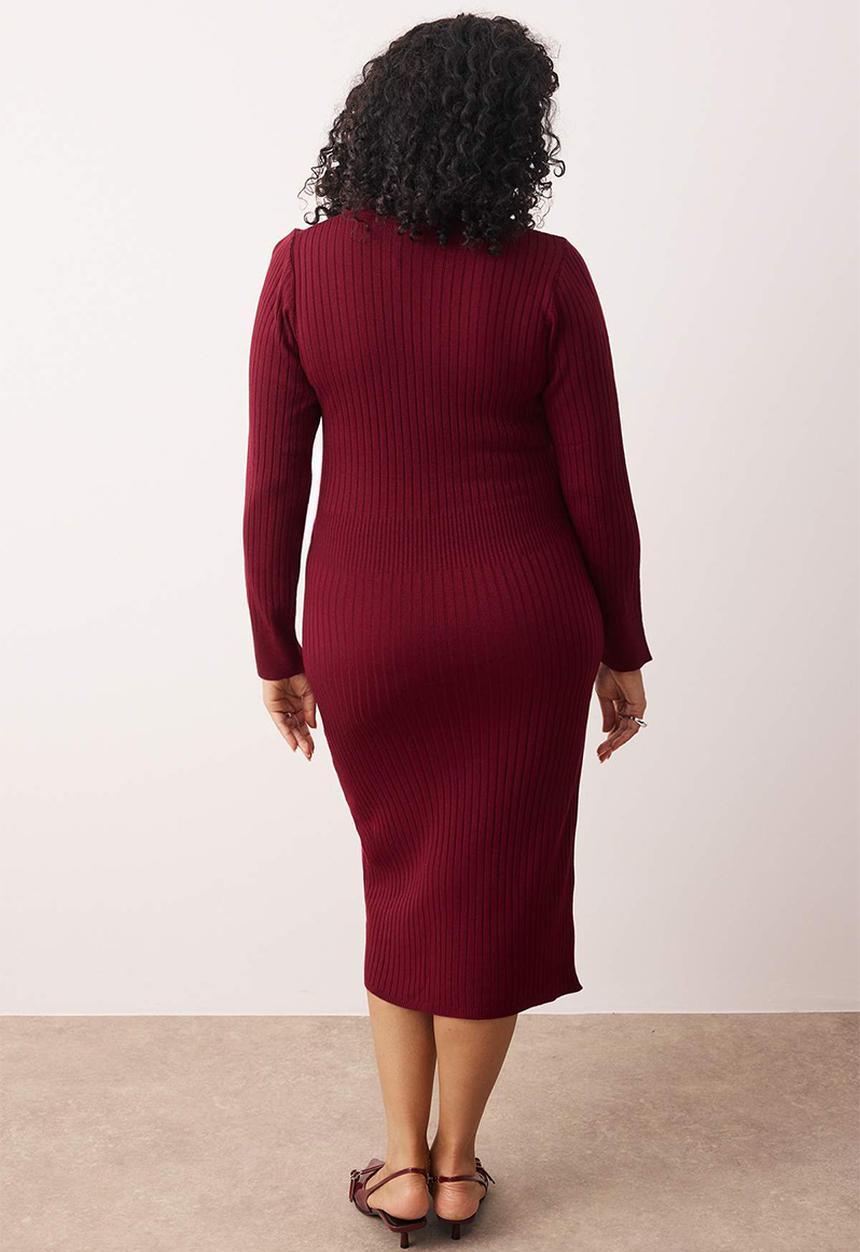 Trendyol - Polo Neck Ribbed Knitwear Dress - Plum