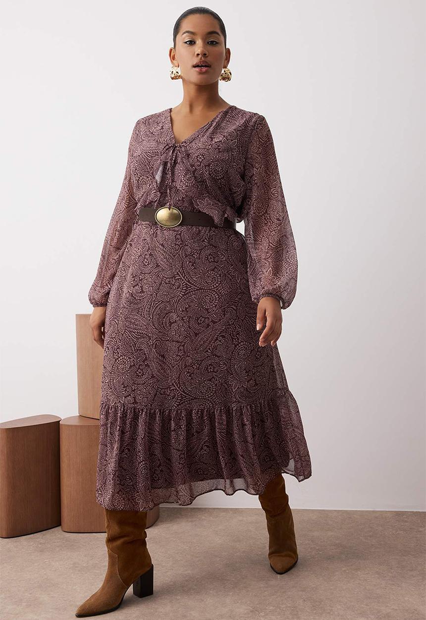 Trendyol - Shawl Pattern Chiffon Midi Woven Plus Size Dress - brown