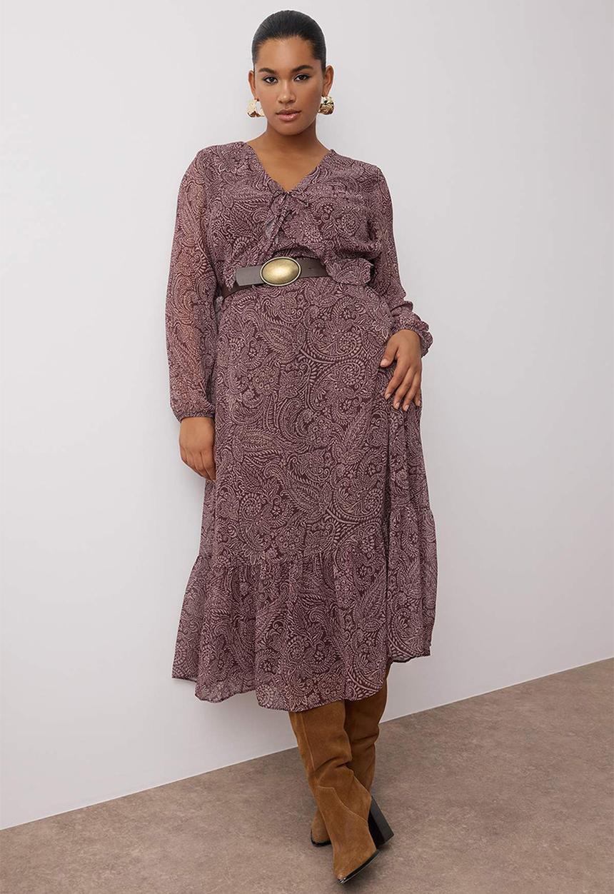 Trendyol - Shawl Pattern Chiffon Midi Woven Plus Size Dress - brown