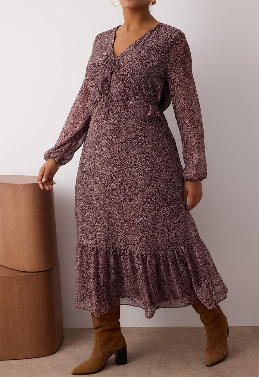 Trendyol - Shawl Pattern Chiffon Midi Woven Plus Size Dress - brown