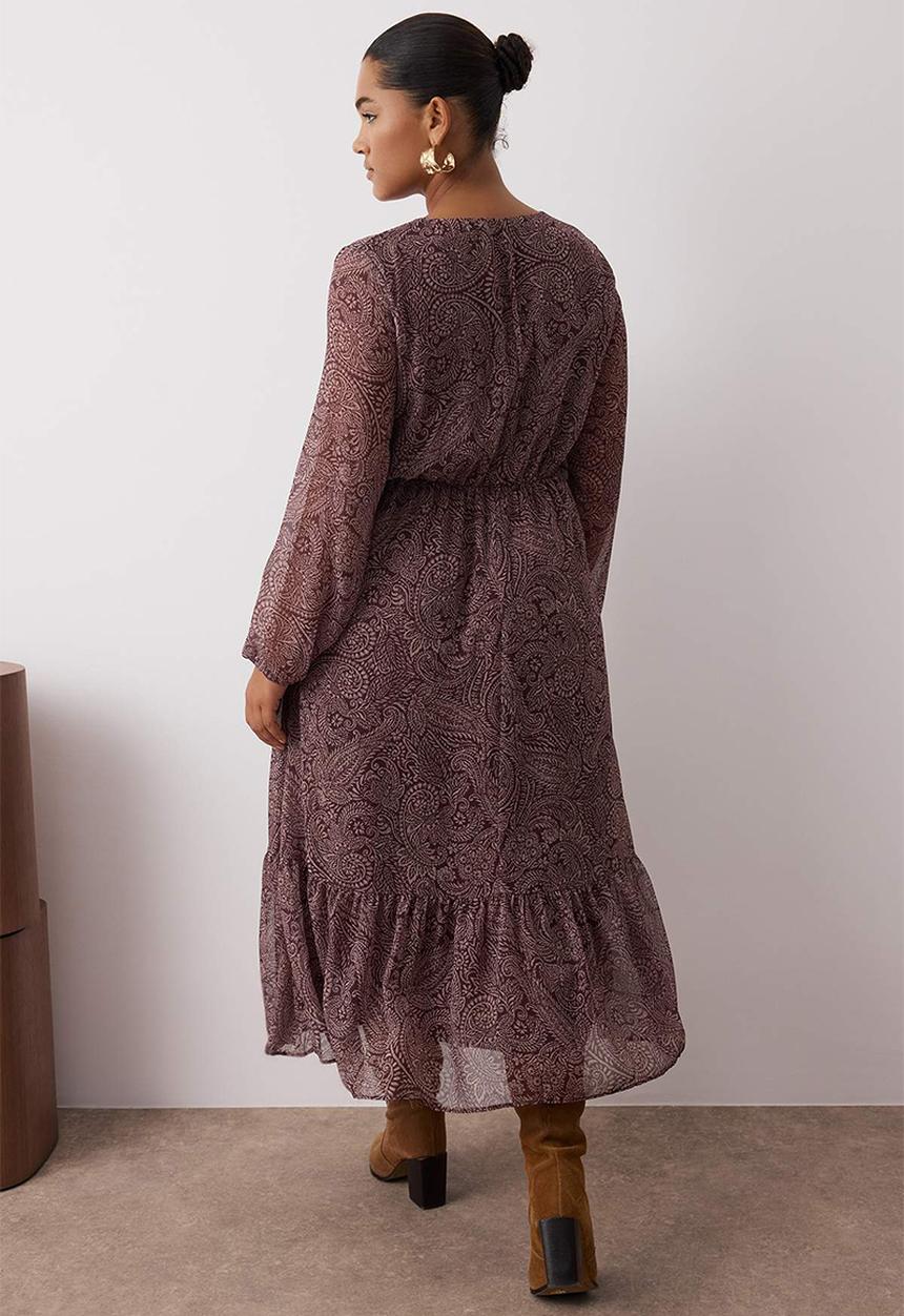 Trendyol - Shawl Pattern Chiffon Midi Woven Plus Size Dress - brown