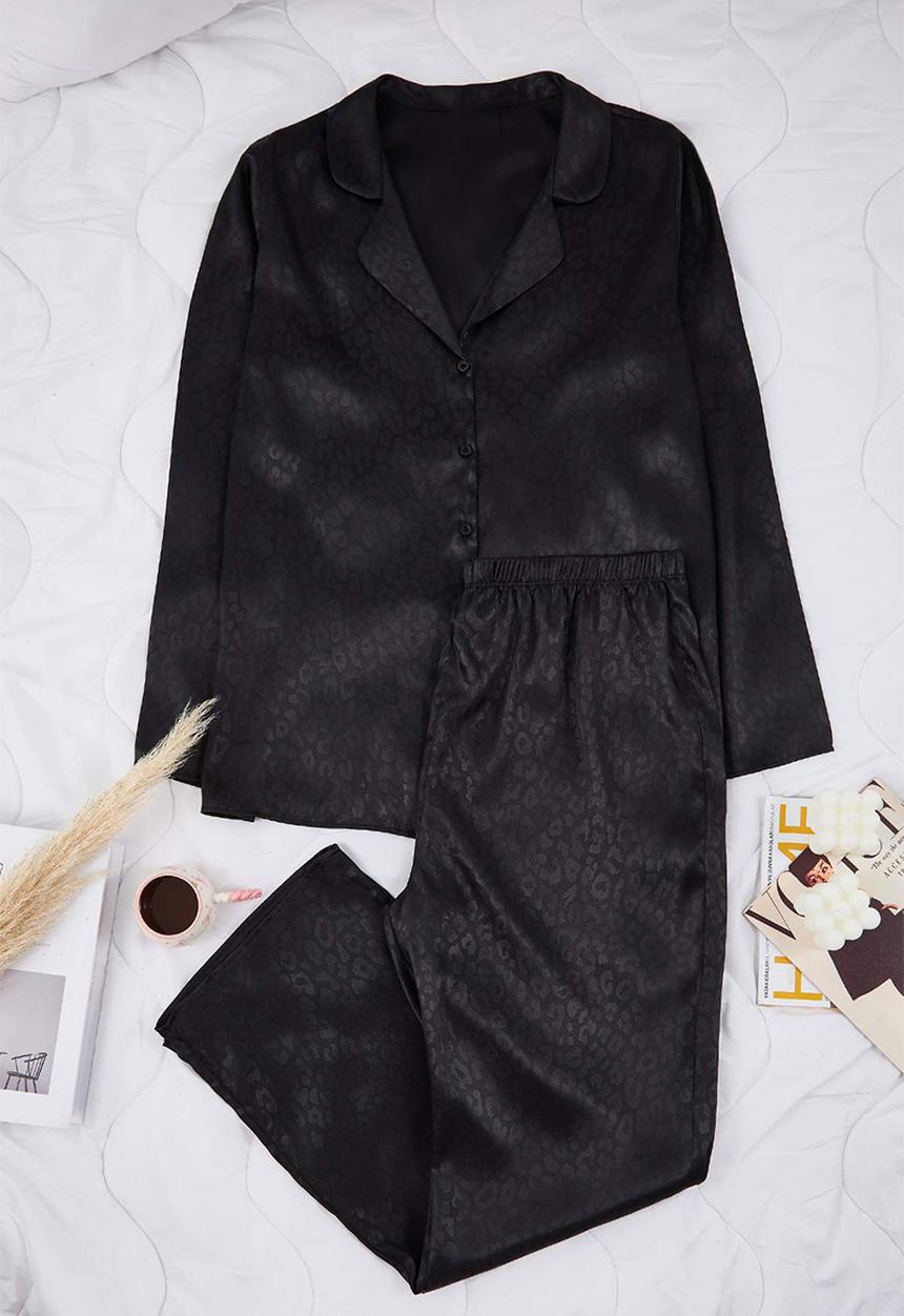 Trendyol - Leopard Print Satin Shirt Pants Woven Pajamas Set - Black