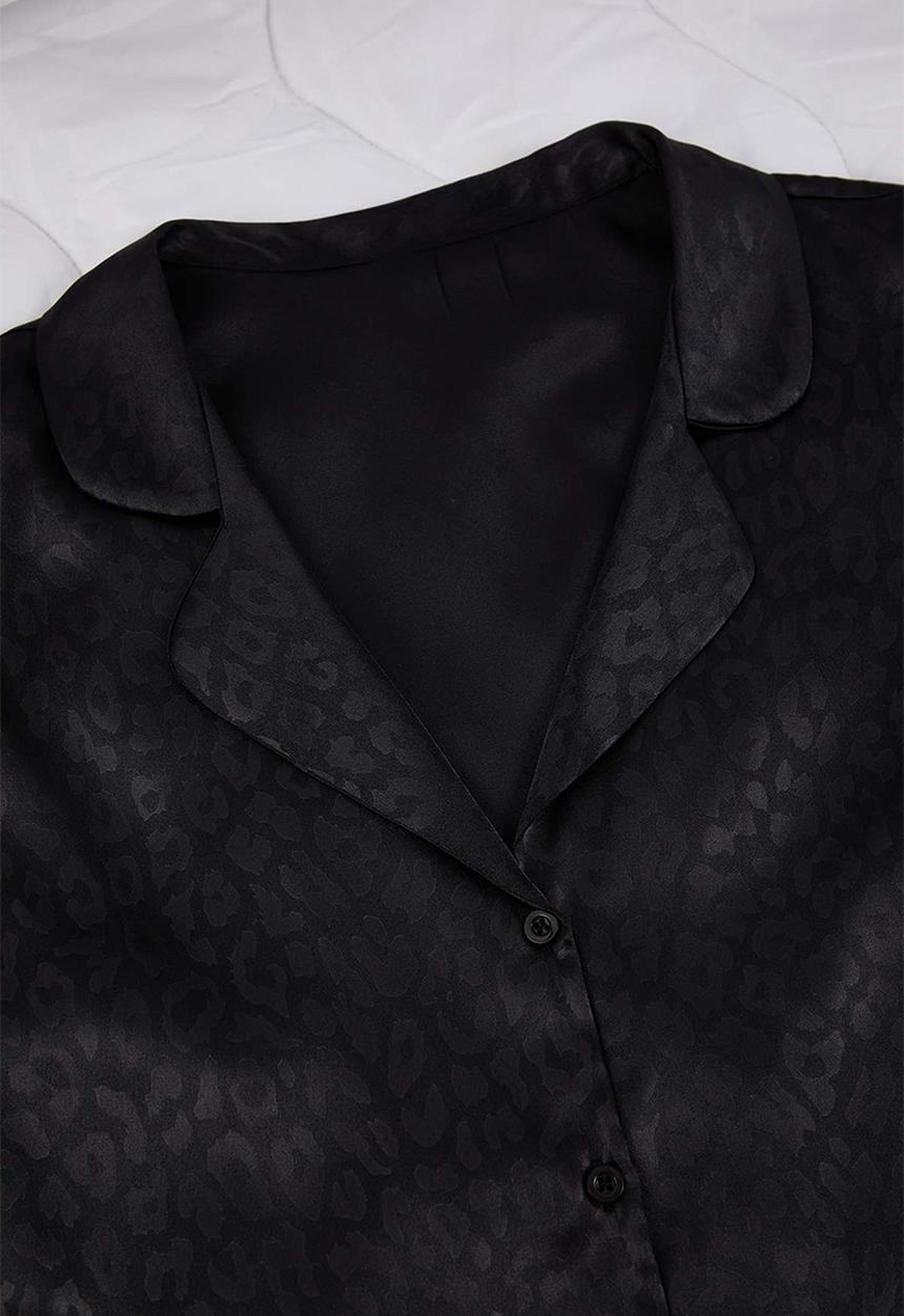 Trendyol - Leopard Print Satin Shirt Pants Woven Pajamas Set - Black