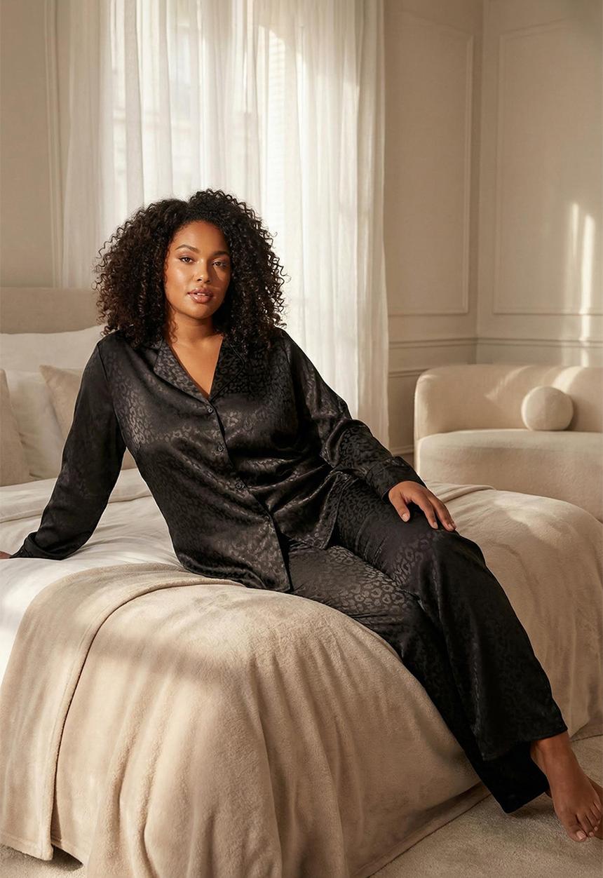 Trendyol - Leopard Print Satin Shirt Pants Woven Pajamas Set - Black