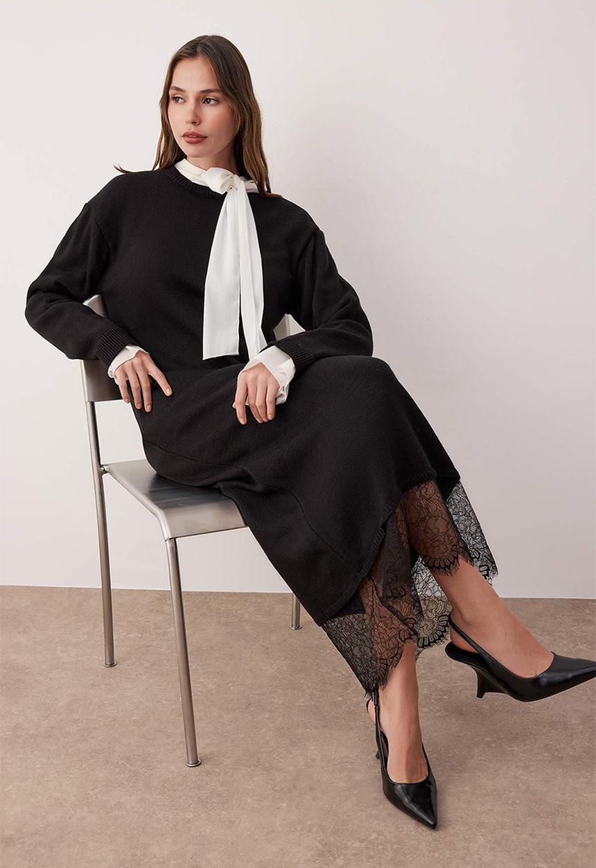 Trendyol - Lace Detailed Knitwear Dress - Black