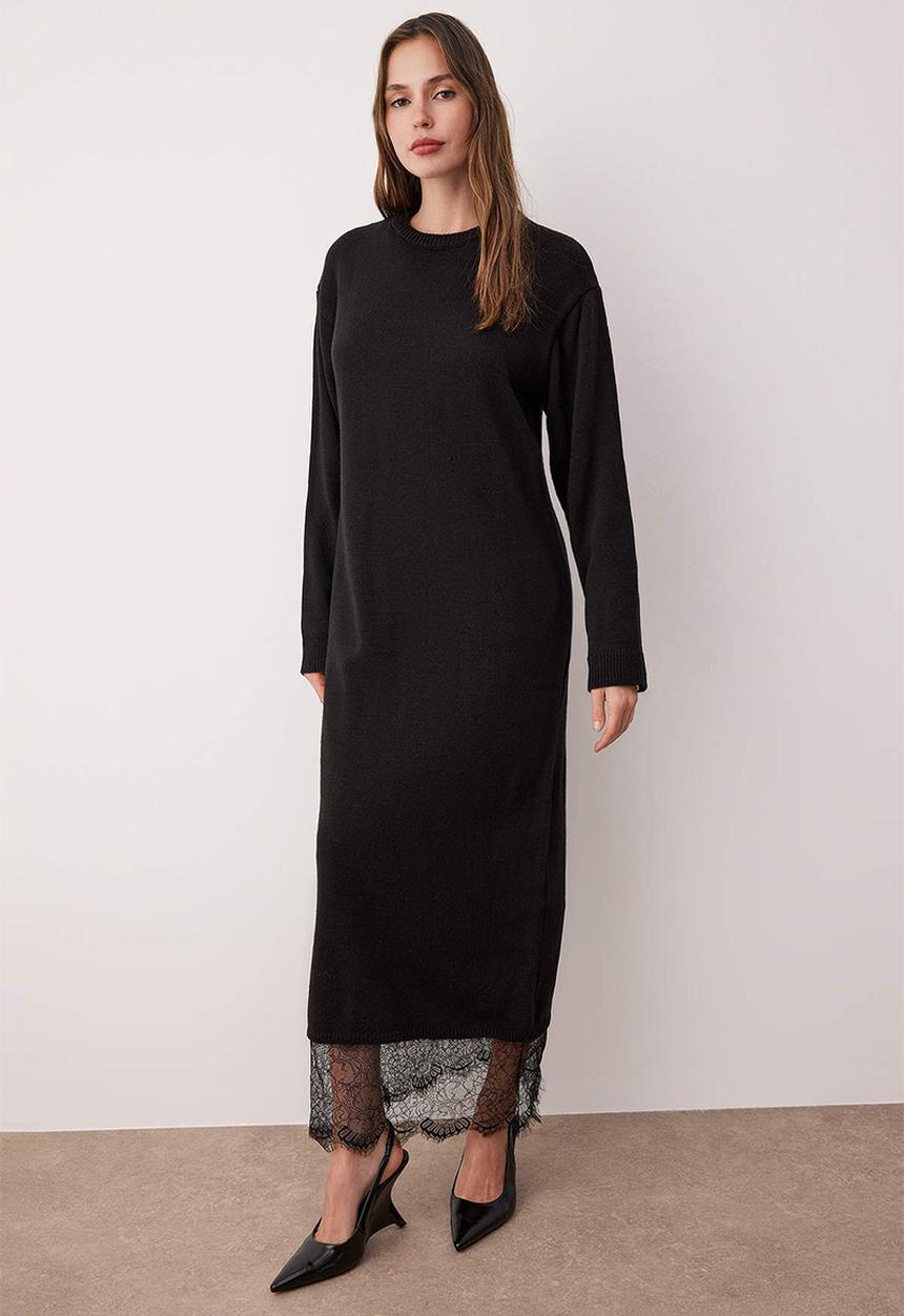 Trendyol - Lace Detailed Knitwear Dress - Black