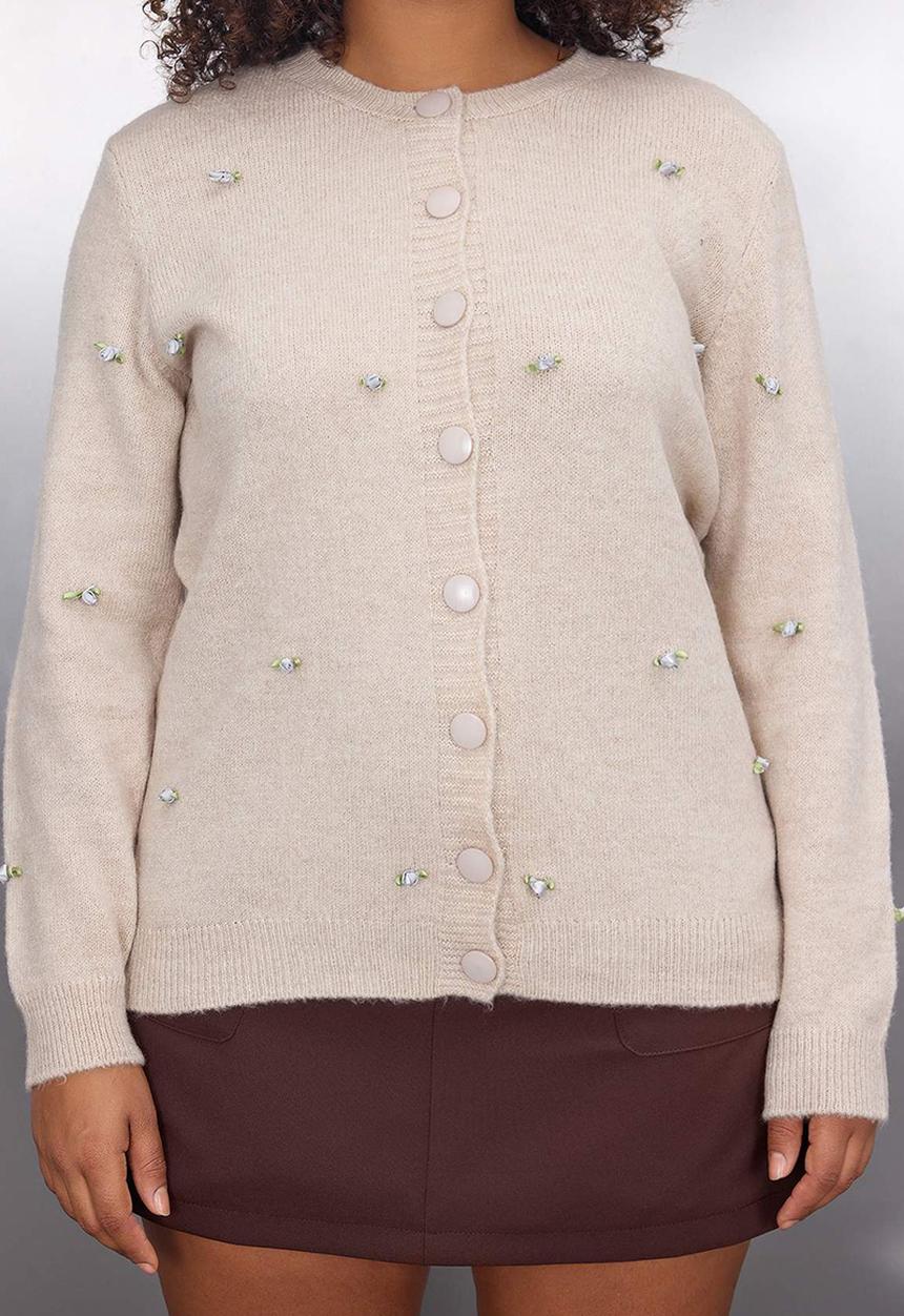 Trendyol - Rose Embroidered Crew Neck Knitwear Cardigan - Stone