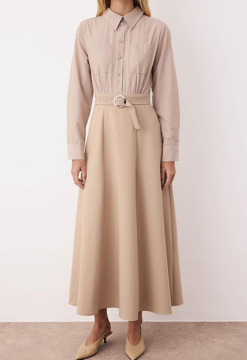 Trendyol - Stripe Shirt Belt Detailed Woven Dress - Beige