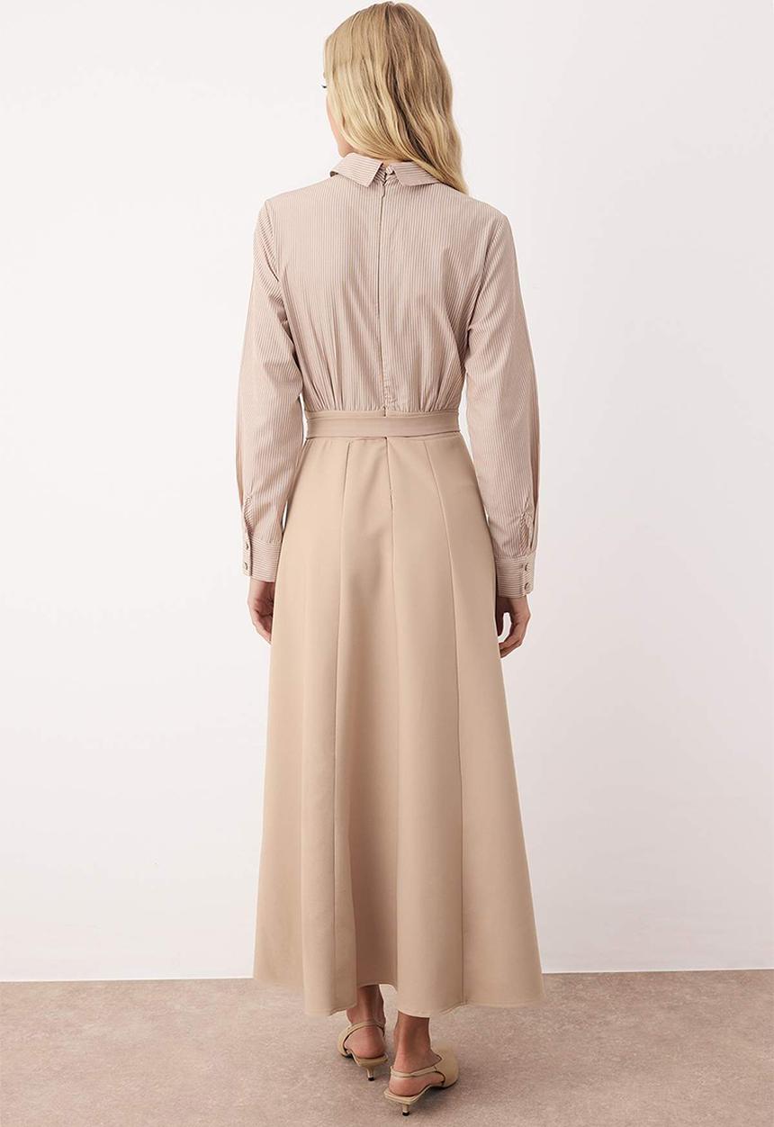 Trendyol - Stripe Shirt Belt Detailed Woven Dress - Beige