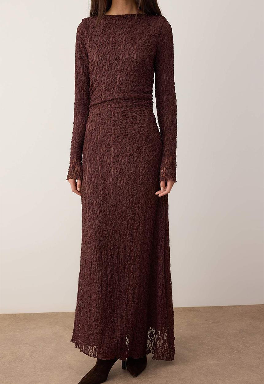 Trendyol - Lined Lace Fabric Knitted Dress - Brown