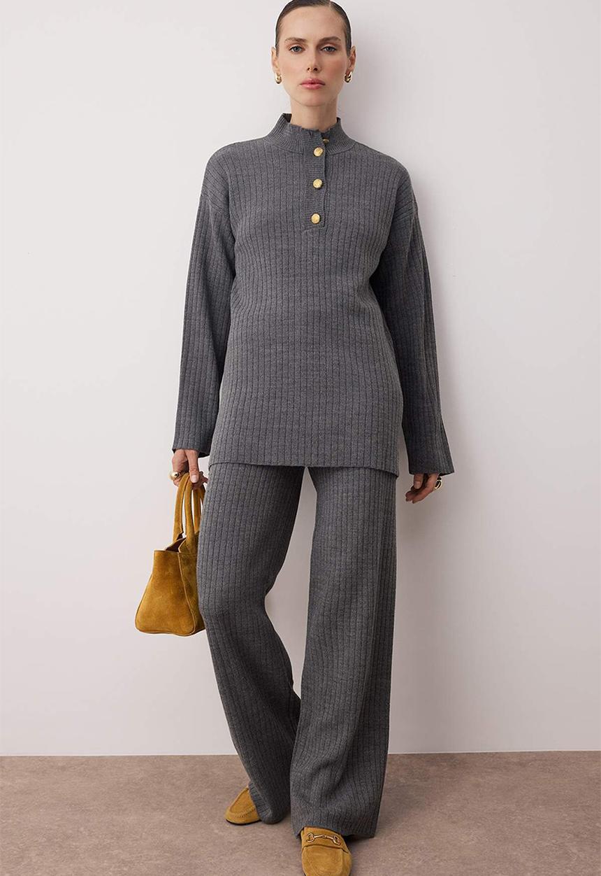 Trendyol - Gold Buttoned Knitwear Bottom & Top Set - Anthracite