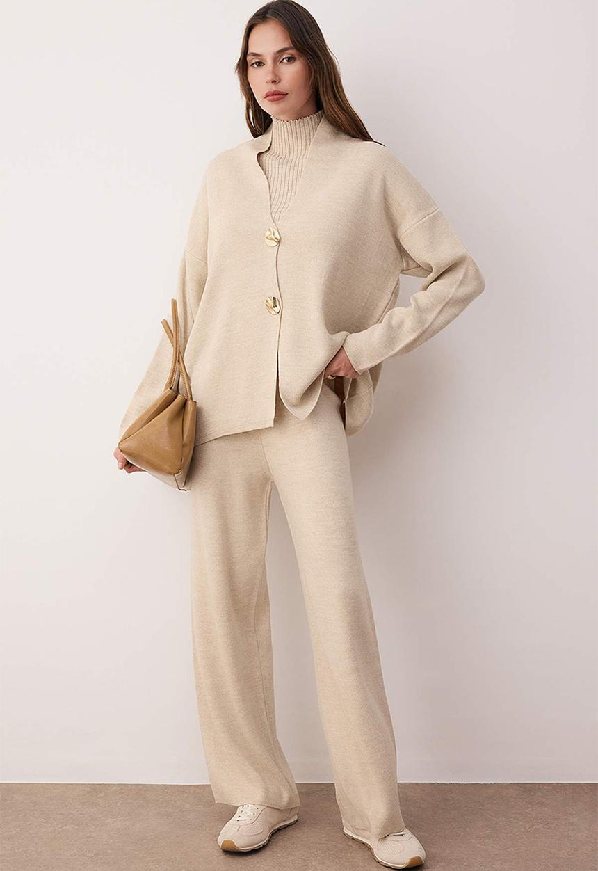 Trendyol - 3-Piece Cardigan Blouse Pants Knitwear Set - Beige