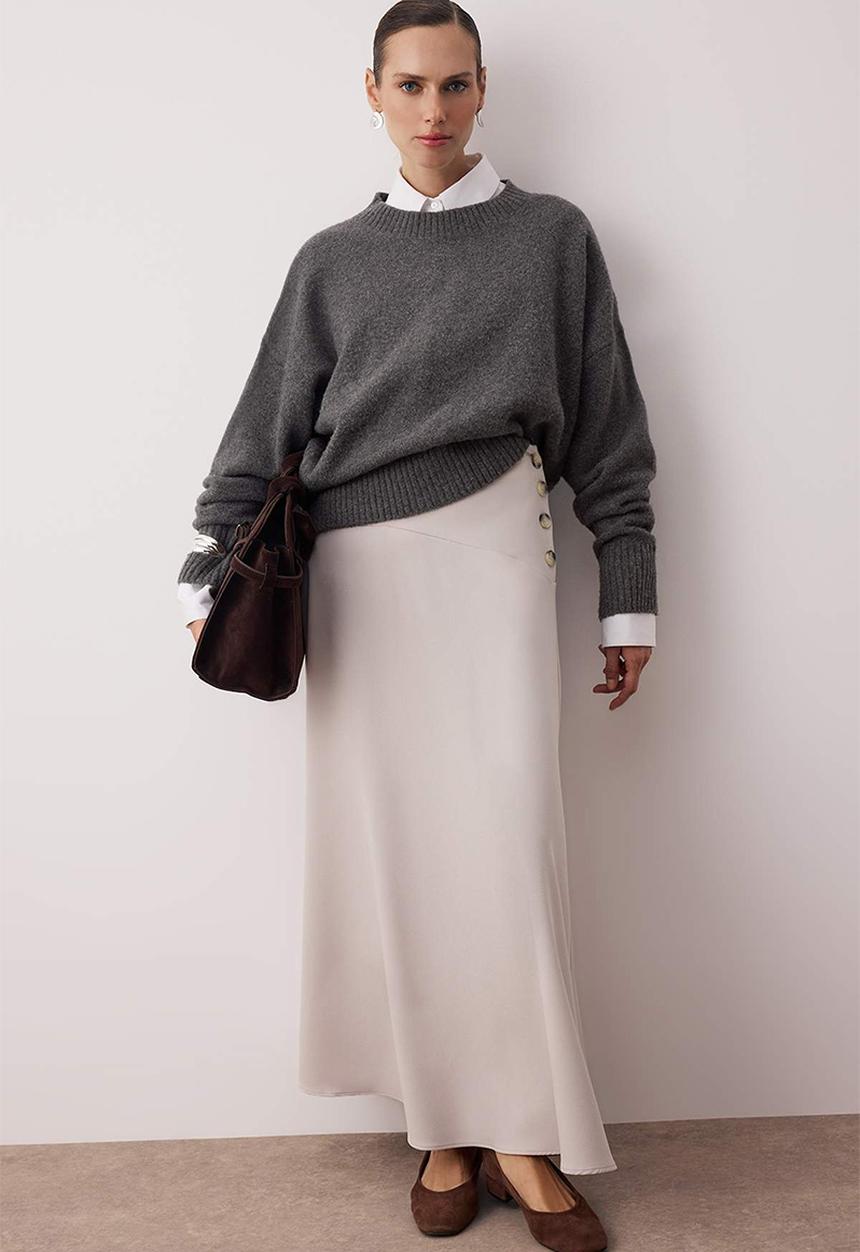 Trendyol - Side Button Detailed Woven Skirt - Beige