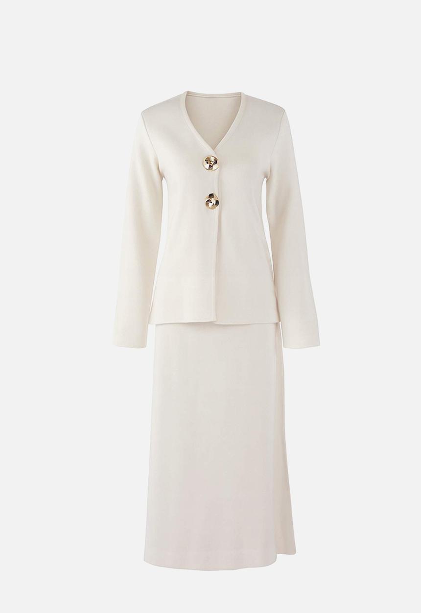 Trendyol - Gold Buttoned Knitwear Skirt Suit - Ecru