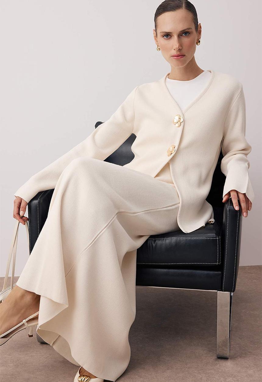 Trendyol - Gold Buttoned Knitwear Skirt Suit - Ecru