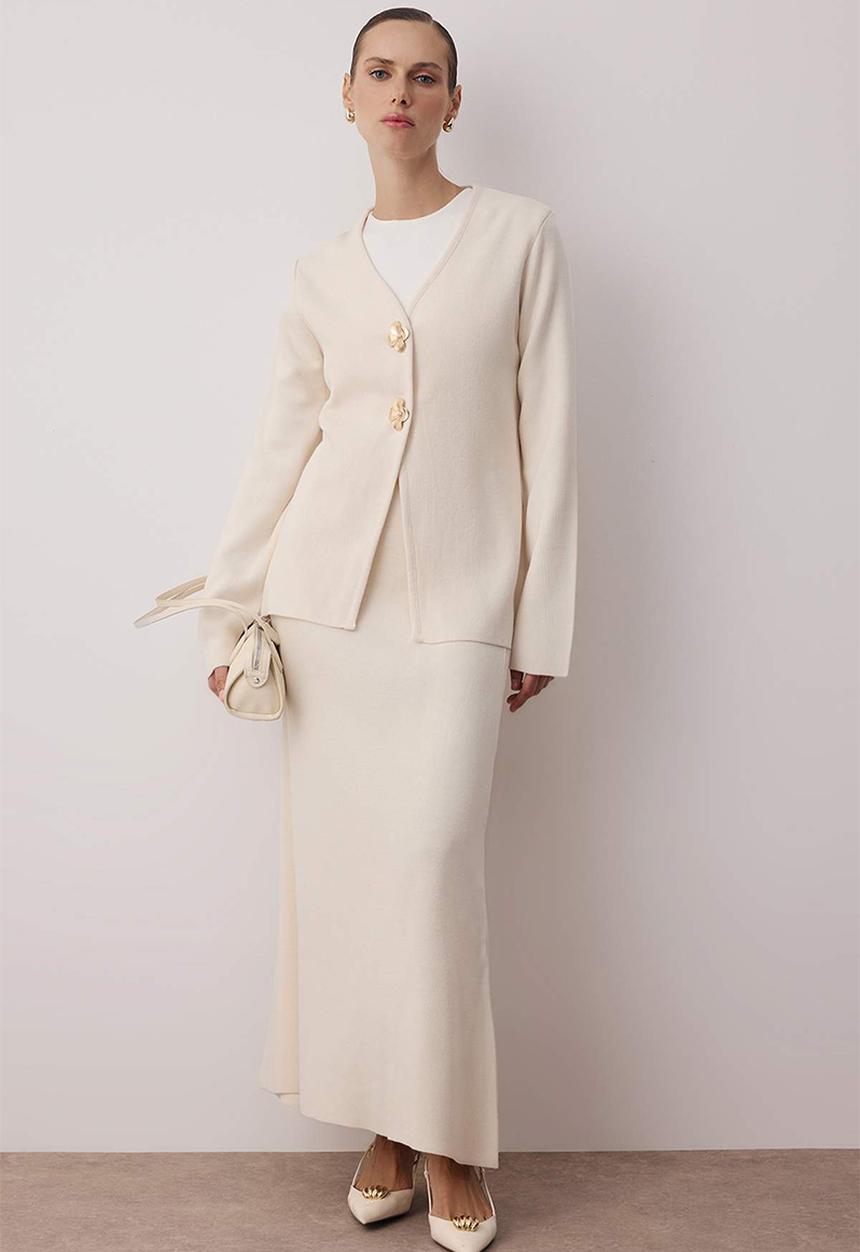Trendyol - Gold Buttoned Knitwear Skirt Suit - Ecru