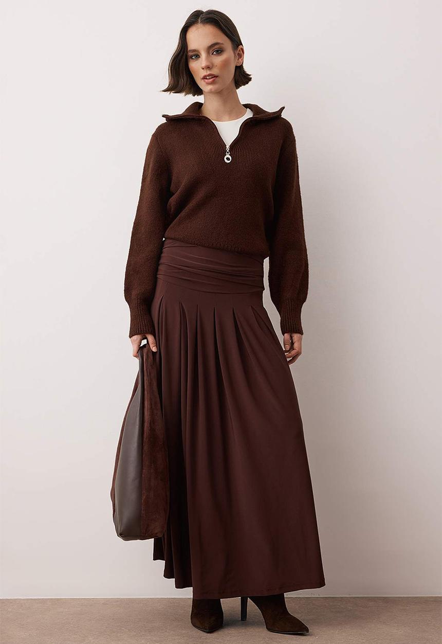 Trendyol - Pleated Detailed Unlined Knitted Skirt - Brown