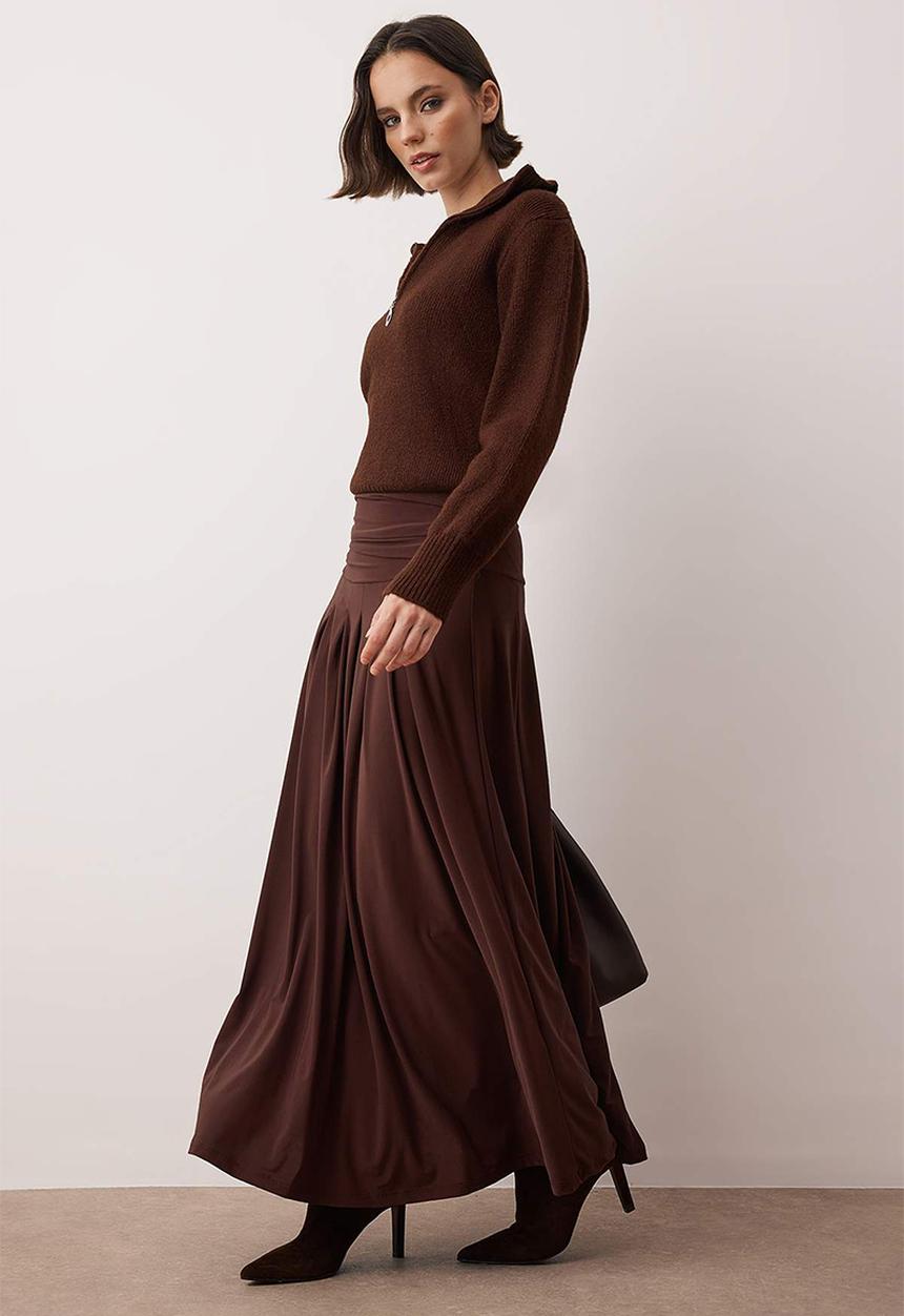 Trendyol - Pleated Detailed Unlined Knitted Skirt - Brown