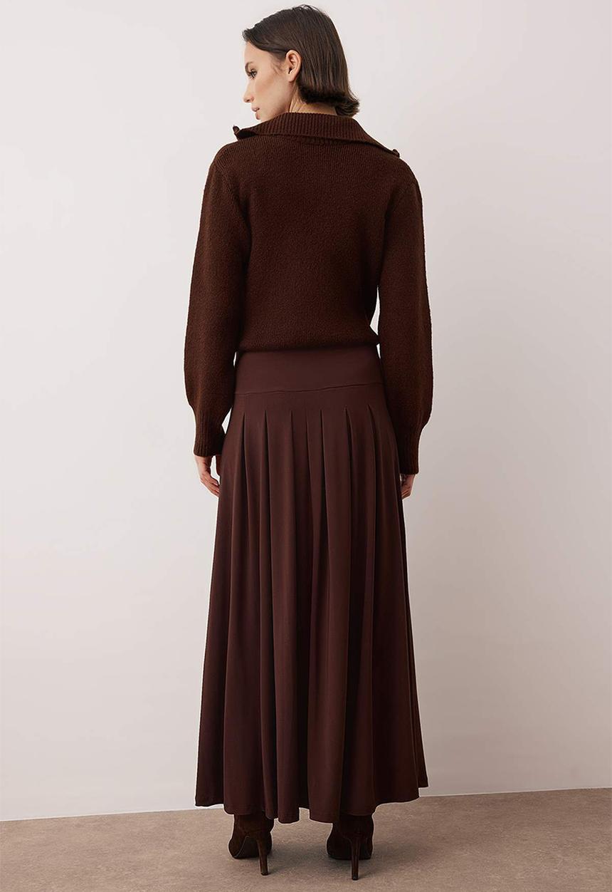 Trendyol - Pleated Detailed Unlined Knitted Skirt - Brown