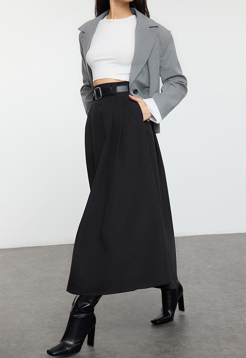 Trendyol - Pleated Maxi Length Woven Skirt - Black