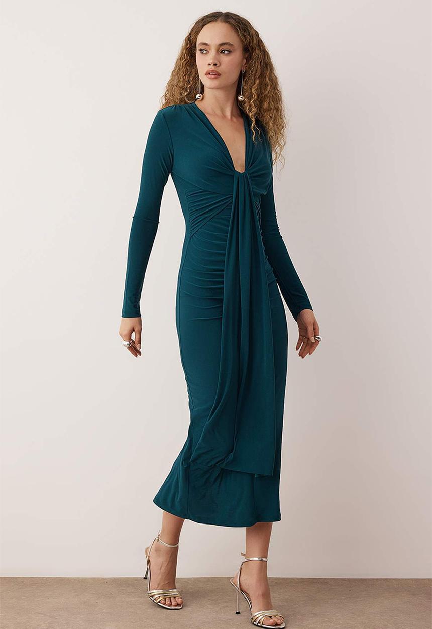 Trendyol - Body Fitting V Neck Knitted Dress - Petrol