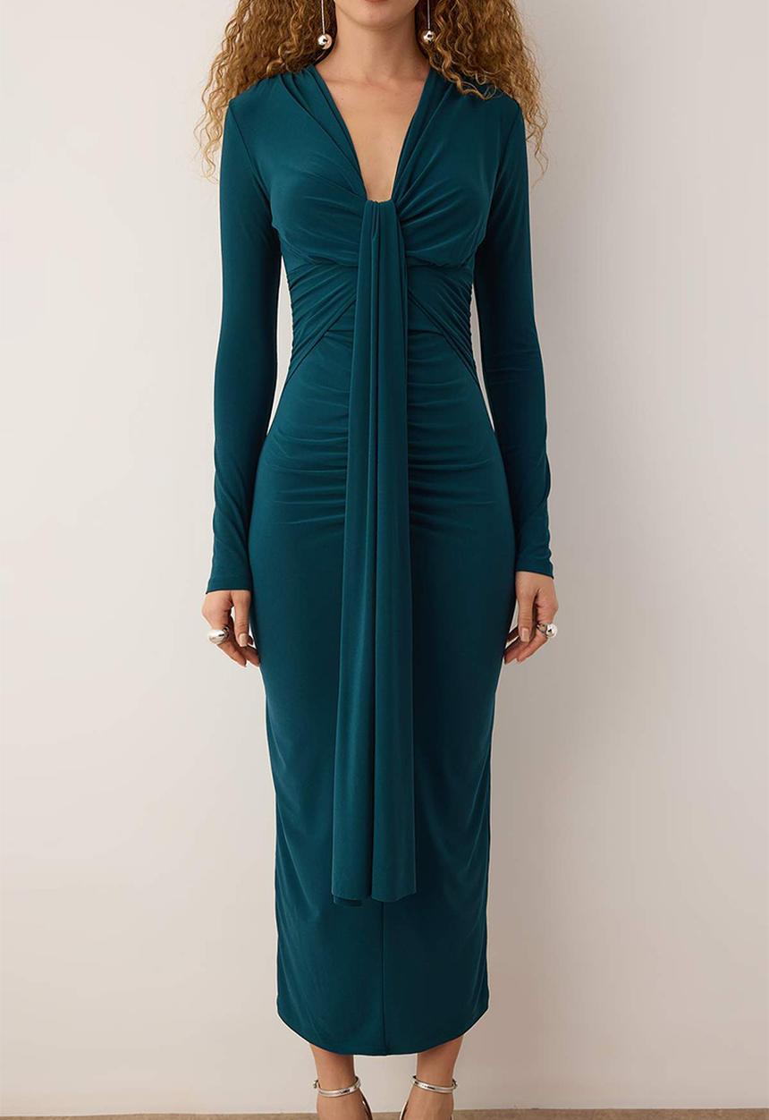 Body Fitting V Neck Knitted Dress - Petrol