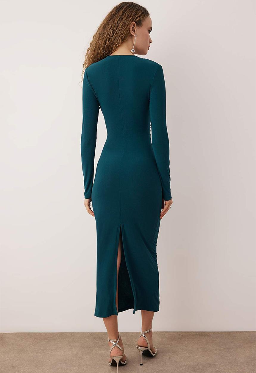 Trendyol - Body Fitting V Neck Knitted Dress - Petrol