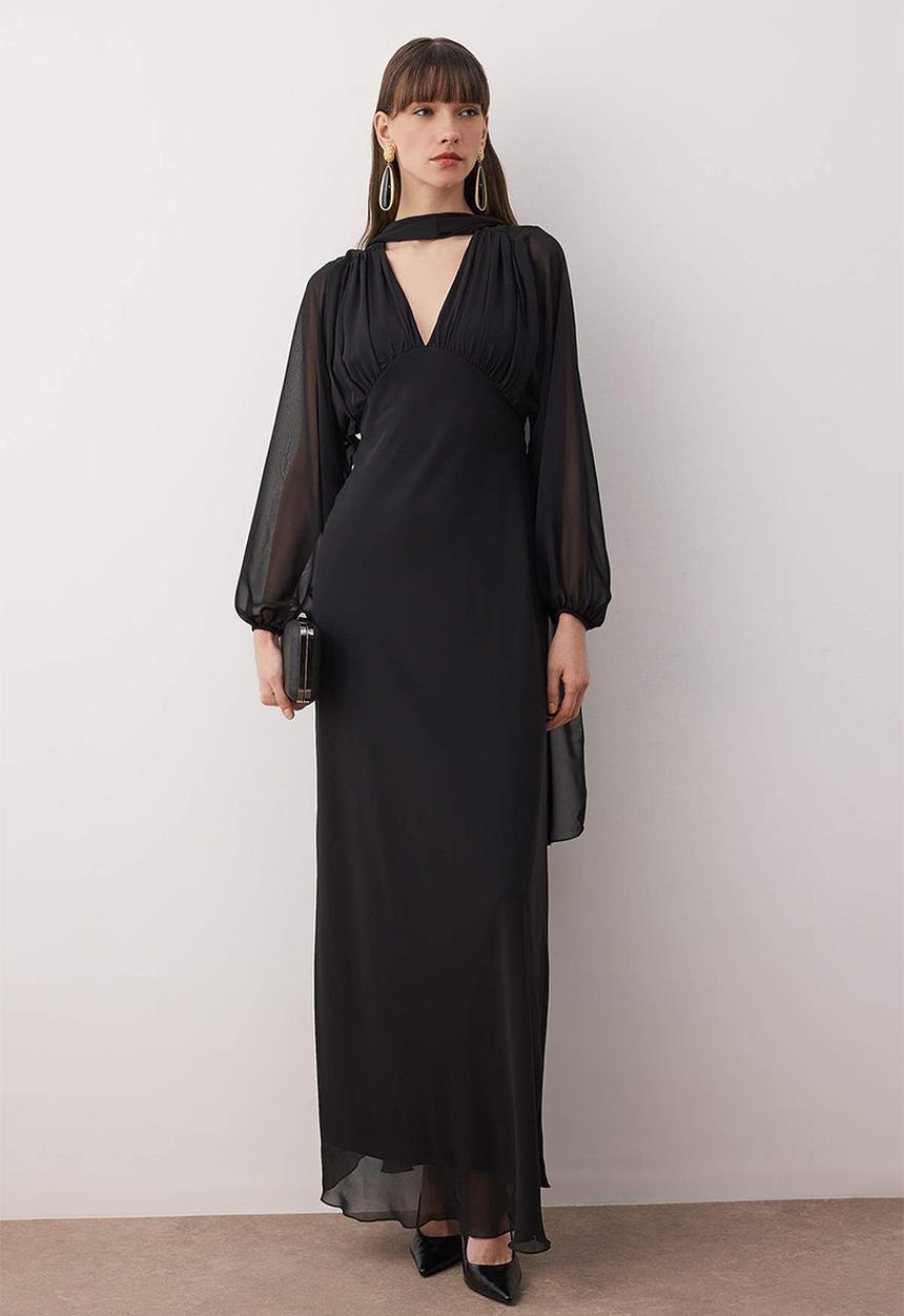 Trendyol - Shawl Detail Woven Chiffon Dress - Black