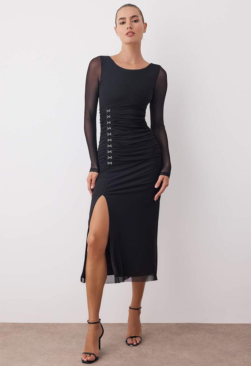 Trendyol - Knitted Tulle Maxi Lined Dress - Black