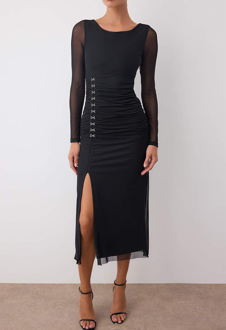 Trendyol - Knitted Tulle Maxi Lined Dress - Black