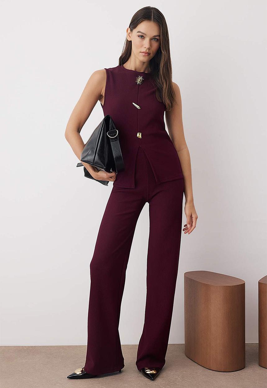 Trendyol - Button Detailed Stretchy Knitted Bottom Top Set - Plum