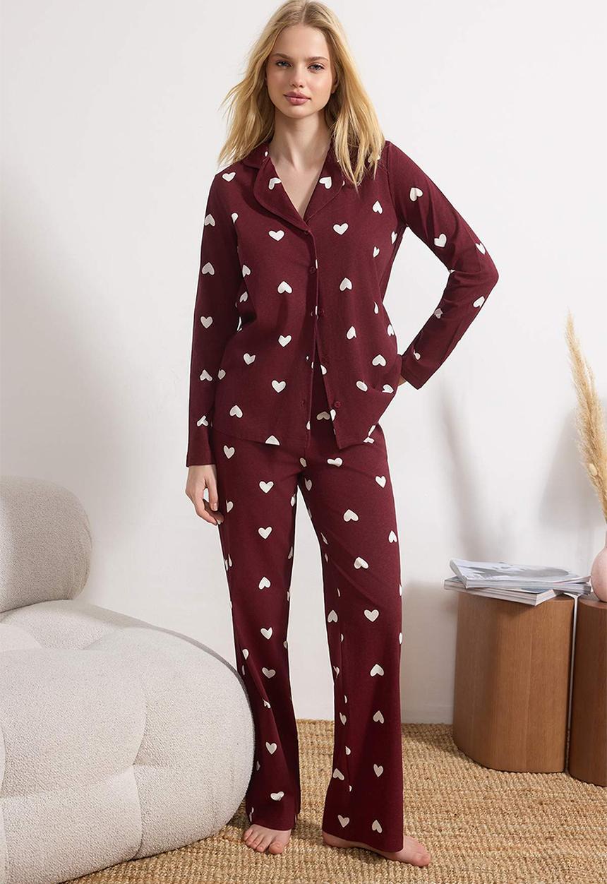 Trendyol - Heart Patterned Knitted Pajamas Set - Burgundy